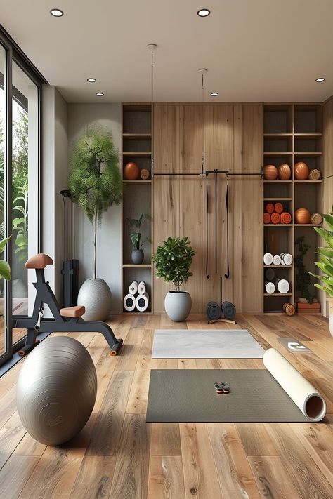 21 Home Gym Ideas - Remodr Small Home Fitness Room, Luxury Home Gym Basement, Farmhouse Gym Room, Home Gym And Living Room Combo, Closet Exercise Room, Home Exercise Room Decor, Cozy Gym Room, Home Gym Basement Ideas, In Home Gym Ideas Basements