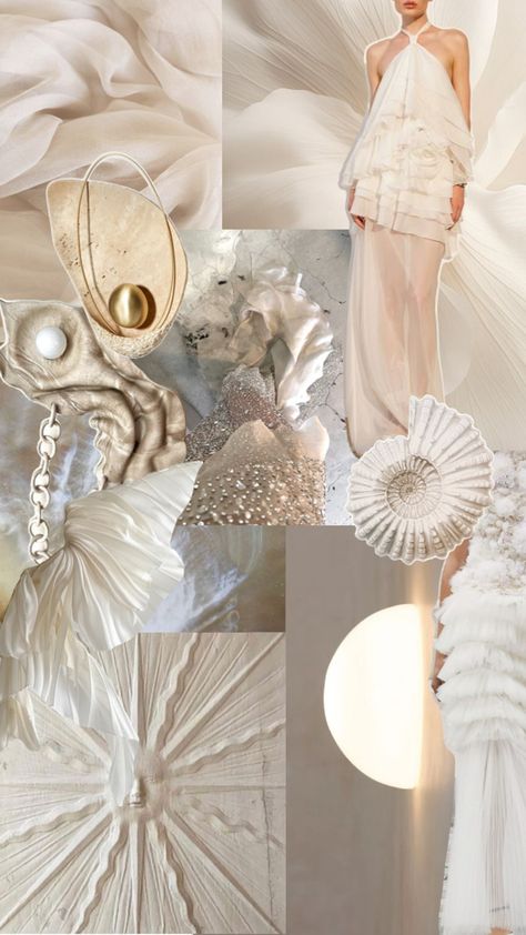 Fashion concept collage - pearls, soft aesthetic, beach shells, flowy shapes, neutral color pallet, mood board, creative inspiration Ivory Mood Board, Pearls Mood Board, Fashion Collection Moodboard Inspiration, Shell Fashion Design, Shell Inspired Fashion, Shell Moodboard, Moodboard Fashion Design Mood Boards, Pearl Mood Board, Mood Borde Fashion