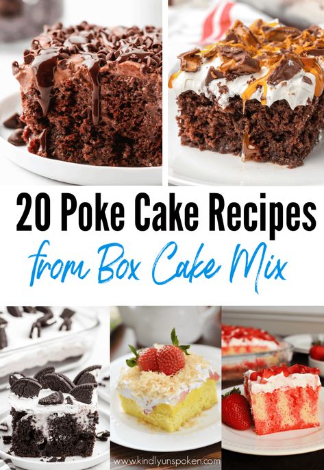 You'll love these 20 Easy Poke Cake Recipes made with simple boxed cake mixes. These poke cakes are delicious, easy, and perfect for parties! New Years Poke Cake, Easy Cake Recipes From Box Cake Mixes, Thanksgiving Poke Cake Recipes, Boxed Cake Desserts, Yellow Cake Poke Cake Recipes, Vanilla Poke Cake Recipes, Mounds Poke Cake, Yellow Poke Cake Recipes, Yellow Poke Cake