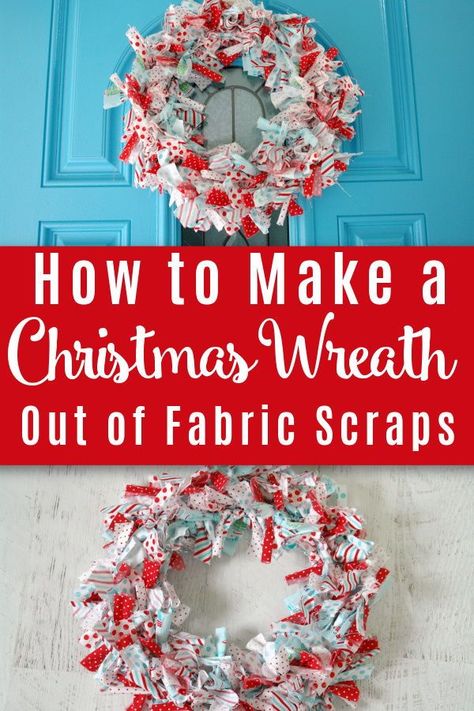 Christmas Fabric Crafts Wreaths & Garlands, Fabric Scrap Wreath Diy, No Sew Christmas Wreath, Tied Fabric Wreath, Easy To Make Christmas Wreaths, Fabric Wreaths Diy No Sew Christmas, Christmas Wreaths Fabric, Fabric Christmas Wreath Diy, Material Wreaths Scrap Fabric