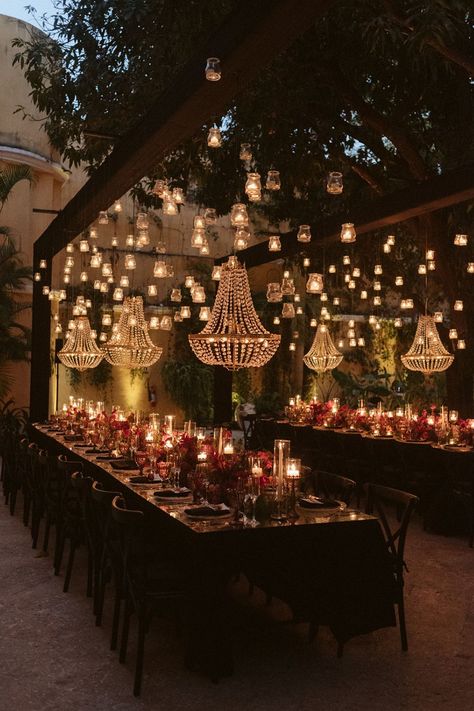 Dark Romantic Halloween Decor, Moody Garden Party Wedding, Dark Romantic Outdoor Wedding, Dark Sultry Wedding, Moody Wedding Lighting, Chandelier Outside Wedding, Dark Moody Wedding Reception, Modern Bohemian Wedding Decor, Romantic Wedding Style Decor