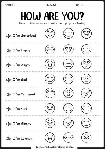 Feelings and Emotions Worksheet Feelings Lessons For Elementary, Feelings Preschool Worksheets, Kindergarten Emotions Worksheets, Emotions Eyfs, Expressing Feelings Worksheets, Feelings Worksheets For Kids, Naming Emotions, Feelings And Emotions Math Activities, Emotions Worksheets For Kids