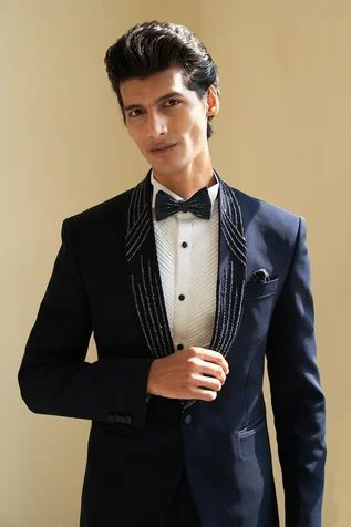 Tuxedo Lapel Types, Linear Embroidery, Navy Blue Tuxedo, Embroidery Shirt Men, Navy Tuxedo, Groom Suit Black, Suit For Men Wedding, Man Dress Design, Indian Wedding Clothes For Men