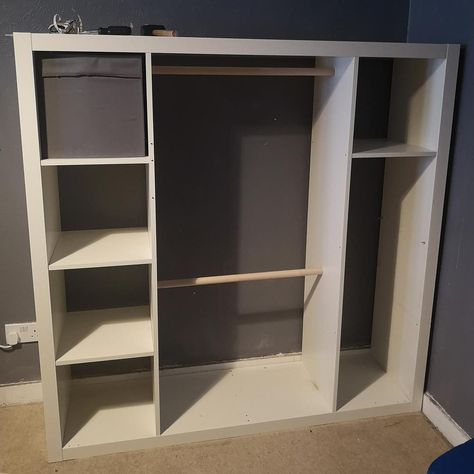 Kallax Diy Wardrobe, Kallax Unit Wardrobe, Diy Small Wardrobe, Kallax As Wardrobe, Diy Built In Wardrobe Ideas Ikea Hacks, Ikea Wardrobe Hack Kids, Kallax Kids Wardrobe, Ikea Kallax Closet Ideas, Childrens Wardrobe Ideas