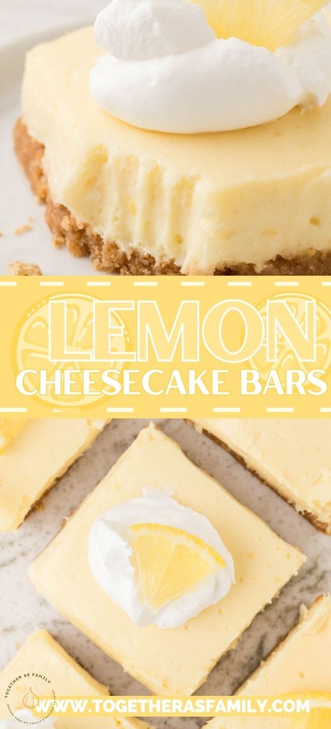 Lemon Cheesecake Bars are the perfect dessert for all the lemon lovers! A creamy cheesecake filling with freshly squeezed lemon juice with a buttery graham cracker crust - creates the perfect combination between sweet, buttery, tangy, and citrus flavors. Desserts With Lemon Juice, Super Easy Lemon Bars, Lemon Angel Cake Bars, Lemon Cheesecake Dessert, Fresh Lemon Recipes Desserts, Lemon Bar Cheesecake, Desserts With Lemon Pie Filling, Fresh Lemon Dessert Recipes, Easy Lemon Cheesecake Bars