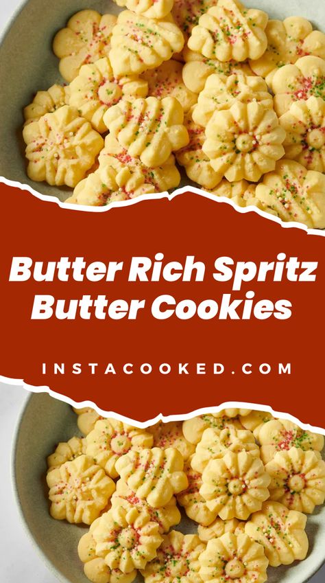 Image of Butter Rich Spritz Butter Cookies, beautifully shaped and delicately golden-brown, arranged on a festive cookie plate. These classic holiday favorites are made with butter, confectioners’ sugar, and flavored with almond and vanilla extracts. Decorated with care, they showcase intricate patterns created using a cookie press, perfect for festive occasions and sharing with loved ones. Buttery Classic Spritz Cookies, Butter Cookie For Cookie Press, Sprint Butter Cookies, Old Fashioned Spritz Butter Cookies, Butter Spritz Cookie Recipe, Spritz Butter Cookies Recipe, Cookie Press Butter Cookies, Butter Cookie Press Recipes, Classic Spritz Cookies Recipes