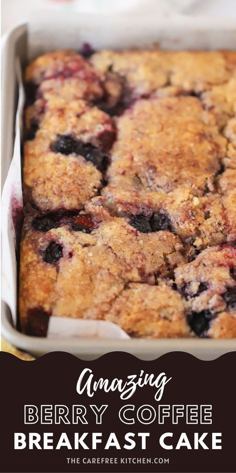 This Mixed Berry Breakfast Coffee Cake has a moist and tender crumb topped with a crunchy sugar crust. Bursting with raspberries, blackberries, and blueberries, it’s the perfect way to start your day. Raspberry Breakfast Cake, Blackberry Breakfast Cake, Breakfast Berry Crumble, Blackberry Coffee Cake Recipes, Mixed Berry Coffee Cake, Breakfast Berry Casserole, Raspberry And Blueberry Recipes, Berry Coffee Cake Recipes, Breakfast With Berries