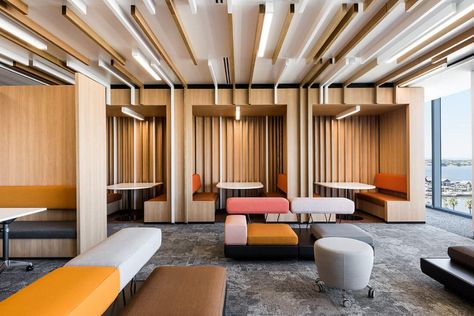 Office Place Design, Huddle Area Office Spaces, Head Quarters Office Design, We Work Office Design, Breakout Area Office, Study Area Design, Deloitte Office, Pinterest Office, 70s Office