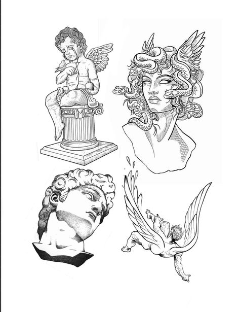 Mythology Tattoo Ideas, Greek Mythology Tattoo Ideas, Luffy Tattoo, Tattoo Filler Ideas, Tattoo Angel, Traditional Tattoo Designs, Tattoo Filler, Statue Tattoo, Greek Mythology Tattoos