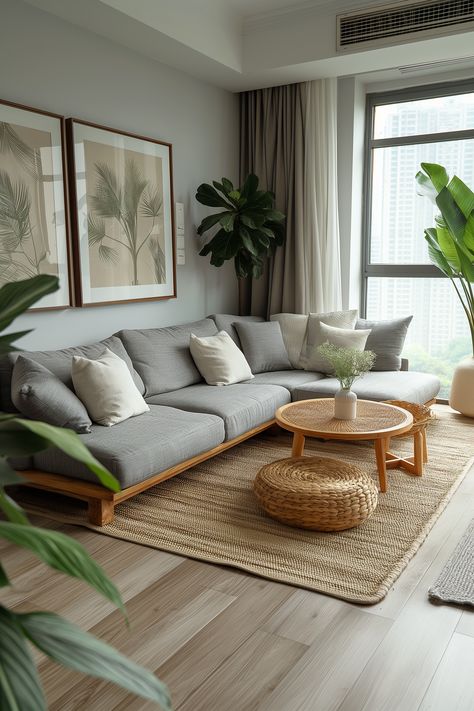 Minimalist Living Room Neutral Colors, Small Neutral Apartment Living Room, Grey Tan And Green Living Room, Living Room Setting Ideas, Organic Living Room Ideas, Home Interior Design Living Room Small Spaces, Organic Modern Small Living Room, Airy Living Room Ideas, Small Living Room Sofa Ideas