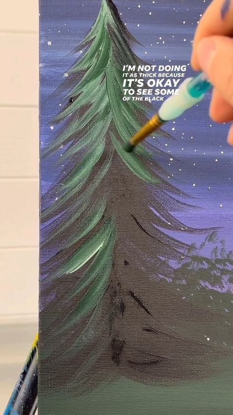 Pine Tree Painting Acrylic Easy, Painted Evergreen Trees, Canvas Tree Painting Easy, Painting Evergreen Trees Acrylic, Evergreen Trees Painting, How To Paint Trees Easy, How To Paint A Christmas Tree Easy, Painting Evergreen Trees, How To Paint A Pine Tree