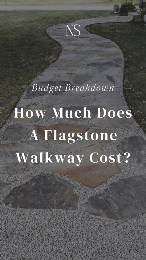 How much does a flagstone path cost? Flagstone and limestone chip walkway cost. Why we chose steel edging for our walkway. Stone steps leading to a porch How much do stone steps cost? How much does mulch glue and pea gravel glue cost? #flagstonepath #flagstonewalkway #flagstonecost #homerenovation #landscapecost #diylandscaping Flagstone Patio Front Yard, Slate Stone Walkway, Flagstone Sidewalk Ideas, Flagstone Border Ideas, Mosaic Between Flagstone, Easy Pathway Ideas, Flagstone Front Walkway, Flagstone And Concrete Patio, Grey Flagstone Patio