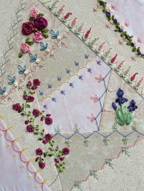 Slow Embroidery, Jennifer Clouston, Crazy Quilt Embroidery, Crazy Patchwork Quilt, Sampler Embroidery, Snippet Roll, Quilt Embroidery, Silk Ribbon Embroidery Patterns, Crazy Quilts Patterns