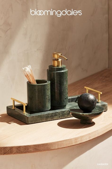 This season, we're all about ’70s bungalow vibes. Think metallic accents, rich neutrals, and a home filled with warm fragrance. 70s Bungalow, Bathroom Sets Bath Accessories, Marble Ideas, Marble Decoration, Bathroom Vanity Accessories, Green Bathroom Accessories, Marble Bathroom Accessories, Bathroom Sink Decor, Marble Accessories