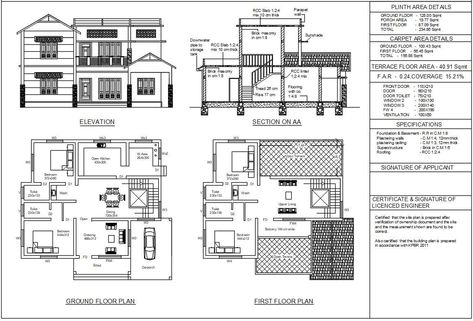 Residential building with detailed plan section elevation specifications with plinth area carpet area floor area with in the A3 plot. CARPET AREA DETAILS: GROUND FLOOR - 100.43 Sqmt FIRST FLOOR - 56.45 Sqmt TOTAL - 156.88 Sqmt SPECIFICATIONS: Foundation & Basement - R.R in C.M 1:8 Plastering walls - C.M 1:4, 12mm thick Plastering ceiling - C.M 1:3, 12mm thick Super Small House Design Floor Plan, Residential Building Plan, Building Design Plan, 2bhk House Plan, Indian House Plans, Building Foundation, Residential Building Design, Small House Elevation Design, Small House Floor Plans