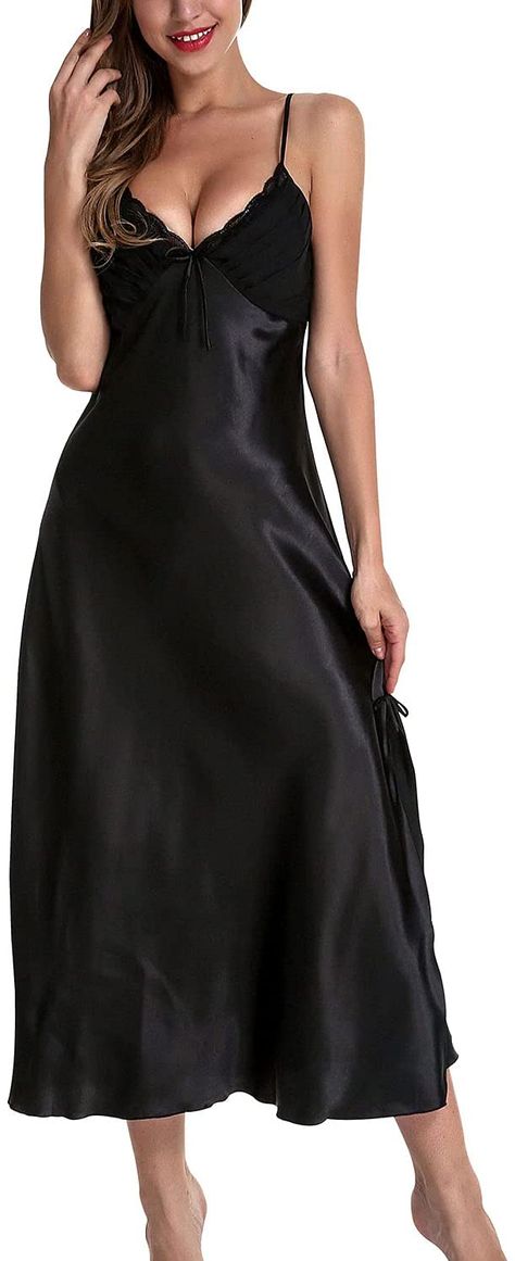 Lu's Chic Women's Satin Nightgown Dress Silk Lace Sleeveless Long Chemise Lingerie Sleepwear : Clothing, Shoes & Jewelry Bridal Sleepwear, Satin Cami Dress, Satin Nightgown, Party Maxi Dress, Lingerie Party, Lace Nightgown, Maxi Dress Black, Maxi Dress Party, Chic Woman