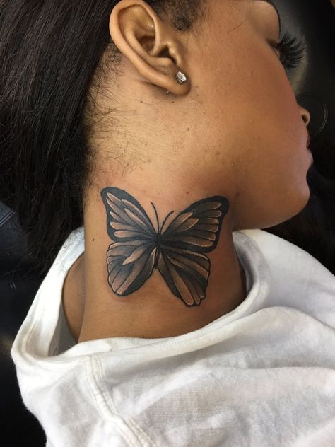 for more pins like this follow me: alisenial 💚 Butterfly Neck Tattoo, Dark Skin Tattoo, Best Neck Tattoos, Girl Neck Tattoos, Side Neck Tattoo, Model Tattoo, Back Of Neck Tattoo, Butterfly Tattoos For Women, Neck Tattoos Women