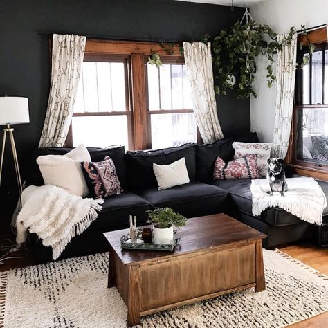 Dark accent wall and wood trim // New feature for #thepottedplant! I want to thank all the ladies of #thepottedplant for including me in picking @littleiowabungalow this… Dark Accent Walls, Bohemian Home Decor, Style Deco, Home Modern, Arabian Nights, Decor Minimalist, Boho Living Room, Living Room Inspo, Eclectic Home