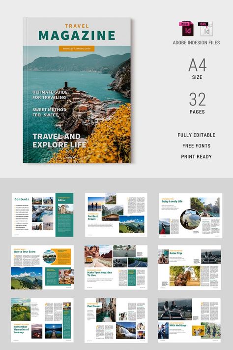 Travel Magazine Template 06 Digital Magazine Layout, Travel Magazine Design, Travel Magazine Layout, Booklet Design Layout, Company Profile Design Templates, Magazine Design Cover, Brochure Design Layouts, Business Brochure Design, Ad Layout