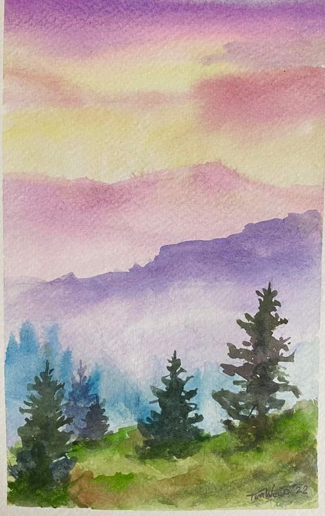 Landscape Ideas Drawing Watercolor, Watercolor Art Inspiration Easy, Watercolour Mountains Easy, Landscape Design Watercolor, Watercolor Painting Landscape Easy, Watercolor Art Colorful, Watercolor Paintings Easy For Kids, Simple Aquarelle Painting, Water Colour Sketch Ideas