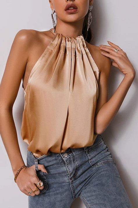 Cocktail Tops For Women, Satin Summer Tops, Party Tops For Women Classy, Satin Top Pattern, Gold Top Outfit, Satin Tops For Women, Classy Summer Fashion, Satin Top Outfit, Silk Tops For Women