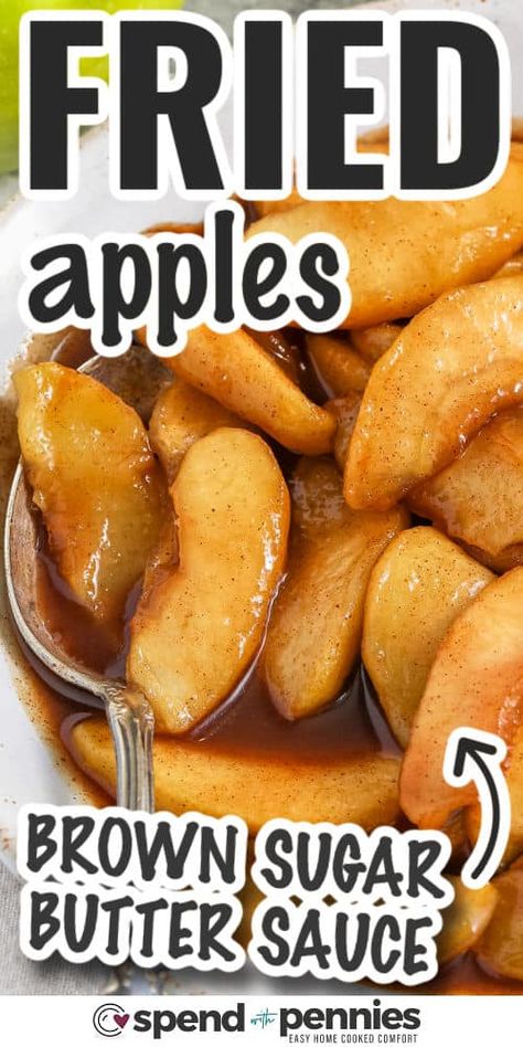 When looking for a sweet, comforting side dish, these fried apples are just what you need! Made with Granny Smith apples, brown sugar, and cinnamon, they cook up in a buttery sauce that's simply irresistible. Ready in minutes, they're perfect over pancakes, with pork chops, or even as a dessert topping. These fried apples bring the taste of fall to your table with every bite! #spendwithpennies Apple Side Dish Recipes Thanksgiving, Easy Cooked Apples, Stovetop Cooked Apples, Fall Sides Recipes, Homemade Fried Apples, Hot Apples And Cinnamon, Sauted Apples Easy, Cinnamon Apples Canned, Apple Turn Over Recipe