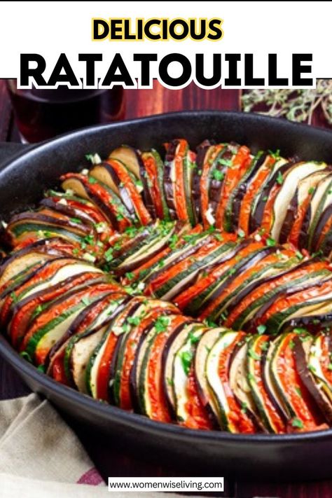 A beautiful plate of homemade Ratatouille, filled with vibrant layers of sliced zucchini, eggplant, and tomatoes arranged in a circular pattern. The veggies are topped with a sprinkle of fresh herbs, and the dish is served in a rustic cast-iron pan with a light tomato sauce. Vegetable Ratatouille Recipes, Recipes With Eggplant And Zucchini, Italian Ratatouille Recipe, Eggplant And Tomatoes, Veggie Medley, Colorful Veggies, Zucchini Recipes Healthy, Eggplant Zucchini, Ratatouille Recipe