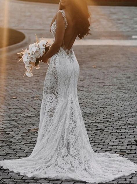 Beach Open Back Sexy Boho Wedding Dresses Court Train Mermaid / Trumpet Sleeveless V Neck Lace With Appliques 2023 Spring & Summer Bridal Gowns 2023 - CAD $285.99 No Back Wedding Dress, Wedding Dresses For Beach Weddings, Boho Mermaid Wedding Dress, Wedding Dresses Mermaid Trumpet, Boho Beach Wedding Dress, Mermaid Trumpet Wedding Dresses, Bohemian Beach Wedding Dress, Lace Bridal Gowns, Beach Bridal Dresses