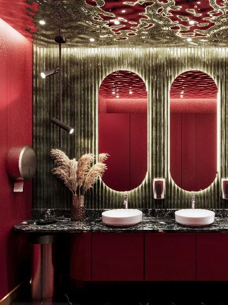 Red & Green restaurant toilet design + hammered metal ceiling Restaurant Toilet Design, Restaurant Toilet, Green Restaurant, Red Restaurant, Toilet Restaurant, Toilet Room Decor, Restaurant Bathroom, Green Interior Design, Club Restaurant