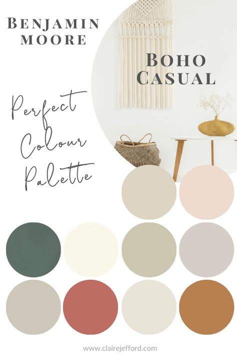 Benjamin Moore, Boho Casual Design Style, BOHO, Bohemian, Colour Palette, Paint Colours, Paint Colors Boho Living Room Painted Walls, Boho Natural Color Palette, Paint Color Schemes Boho, Boho Colors Living Room, Boho Modern Color Palette, Boho Living Room Colors, Boho Chic Paint Colors, House Palette Interiors, Boho Living Room Paint Color Ideas