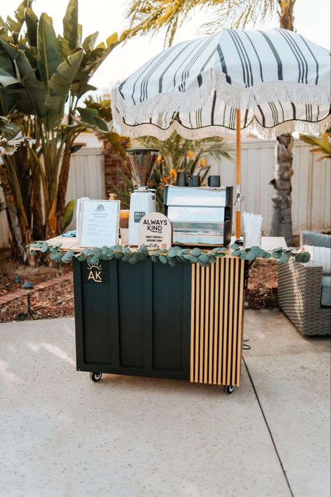 Modern coffee cart that caters events Coffee Cart For Events, Mobile Bar Inspiration, Coffee Catering Set Up, Outdoor Coffee Bar Ideas, Coffee Mobile Cart, Wedding Coffee Cart, Coffee Bar Ideas For Wedding, Coffee Cart Wedding, Event Coffee Bar