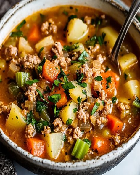 Ground Turkey Soup Recipe: Hearty, Healthy, and Delicious Chicken And Ground Turkey Recipes, Gf And Df Soup Recipes, Ground Turkey And Beef Recipes, Dinner Ground Turkey Recipes, Sore Throat Dinner Recipes, Ground Turkey Potato Soup Recipes, Ground Turkey Soup Recipes For Dinner, Ground Turkey Tomato Soup, Ground Turkey Minestrone Soup