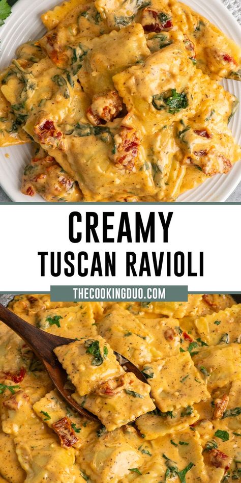 Close-up of creamy Tuscan ravioli on a plate Ravioli With Spinach And Tomatoes, Sausage With Ravioli, Beef Ravioli Dinner Ideas, Pesto Chicken Ravioli Recipe, Ravioli With Sausage And Peppers, How To Cook Ravioli Pasta, Cheese Ravioli With Sausage, Ground Chicken And Ravioli, Meals With Cheese Ravioli