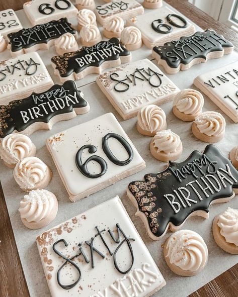 60th Birthday custom decorated cookies in assorted sizes.  Vintage themed. Birthday Party Decorations 60th, 60thbirthday Party Ideas, 60 Surprise Birthday Party Ideas, Dessert Table For 60th Birthday, 60th Birthday Party Dessert Table, 60 Cookies Decorated, 60th Birthday Treats Ideas, 60 Th Birthday Cakes For Women, 60th Bday Decor