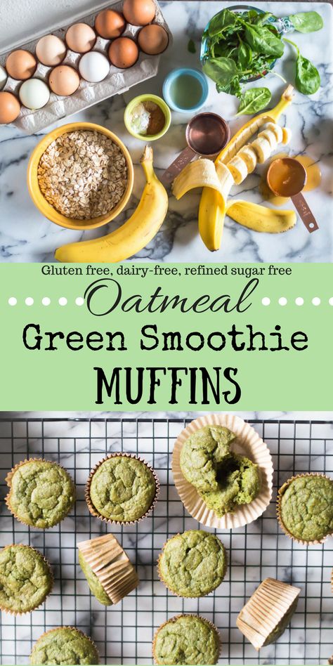 Oatmeal Green Smoothie Muffins Green Smoothie Muffins, Smoothie Muffins, Sugar Free Oatmeal, Easy Oatmeal, Gluten Free Oatmeal, Healthy Muffin Recipes, Breakfast Healthy, Healthy Veggies, Healthy Muffins