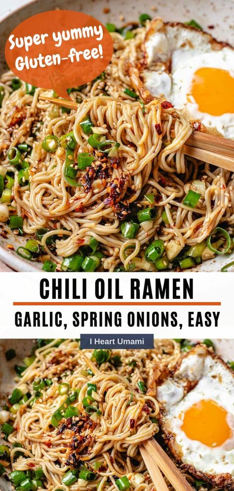 Homemade Ramen Recipes, Chili Oil Ramen, Umami Recipes, Gluten Free Ramen Noodles, Asian Entrees, Garlic Chili Sauce, Gluten Free Asian Recipes, Homemade Ramen Noodles, Gluten Free Ramen