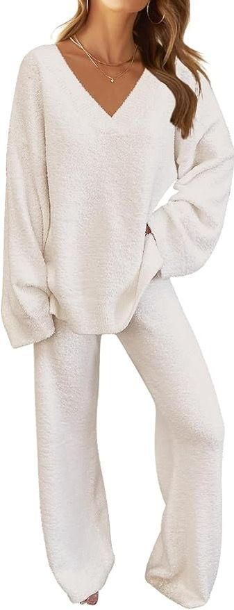 Women's 2 Piece Outfits Fuzzy Fleece Pajama Set Long Sleeve Top Wide Leg Pants Loungewear Amazon Sets, Lounge Clothes, Womens Loungewear Sets, Pyjamas Womens, Lounge Outfit, Fleece Pajamas, Pajama Party, Loungewear Set, Loose Sweater