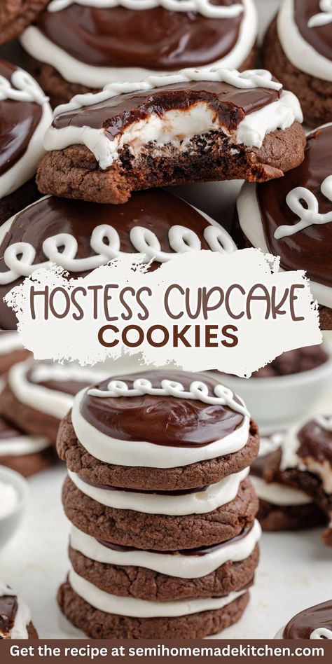 These Hostess Cupcake Cookies combine the classic flavors of a Hostess Cupcake into a soft, frosted cookie. With a rich chocolate base, fluffy marshmallow frosting, and smooth chocolate ganache, they’re topped off with the iconic white squiggle for a nostalgic touch. Devils Food Cake Cookie, Cake Mix Cookies Cool Whip, Candy Cookie Recipes, Cookie Competition Recipes, Hostess Cupcake Cookies, Chocolate Cake Cookies Recipe, Chocolate Frosted Cookies, Deep Dish Cookie Recipe, Angel Food Cake Cookies