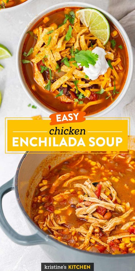 Hearty and flavorful Chicken Enchilada Soup! This easy soup recipe has shredded chicken breast, beans, corn and enchilada sauce. Load up a bowl with your favorite toppings and enjoy for lunch or dinner. Slow cooker and Instant Pot instructions included. Chicken Enchilada Soup Crockpot Recipes, Chicken Quesadillas Soup, Enchilada Chicken Chili, Chicken Enchiladas Soup Easy, Chicken Enchilada Soup No Beans, Shredded Chicken Recipes Crockpot Soup, Quick And Easy Soup Recipes For Two, Things To Make With Enchilada Sauce, Chicken Enchiladas Soup Crock Pot