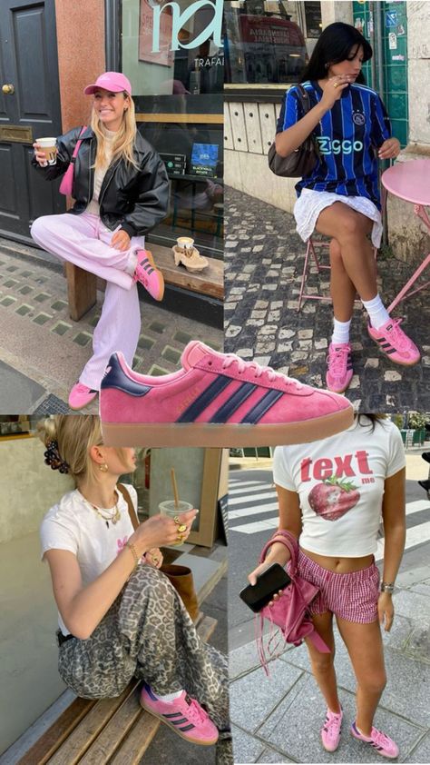 pink navy adidas shoes, adidas gazelle, pink adidas, adidas sneaker, collage, adidas shoes outfit, pink shoes outfit, aesthetic, outfit inspo Pink And Navy Gazelle Outfit, Addidas Gazelle Shoes Outfit Ideas Women, Outfits With Pink Gazelle, Pink Spezials Outfit, Colorful Adidas Outfit, Trending Adidas Shoes, Pink And Green Adidas Gazelle Outfit, Pink Gazelles Outfit, Pink Campus 00s Outfit