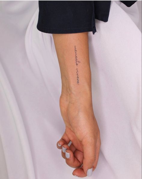 Women Text Tattoo, Tattoo Ideas Female Script, Wrist Placement Tattoo, Forearm Tattoo Women Fine Lines, Script Tattoo Arm, Fine Line Script Tattoo Arm, Fine Line Writing Tattoo Arm, Wrist Fine Line Tattoo, Cursive Wrist Tattoos For Women