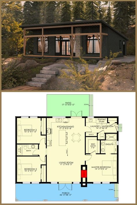 Modern Rustic Cottage, 3 Bedroom Floor Plan, Cottage Floor Plans, Cabin Floor Plans, Small House Floor Plans, Cottage Plan, Rustic Cottage, Small Cabin, House Blueprints