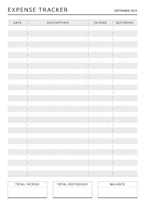 Keep your money in order and track monthly expenses with this Expense Tracker Template in Original style. Sections available in this template: Date, Description, Income, Outgoing, Total Income, Total Outgoing, Balance  #money #savingmoney #budgetplannerworksheet #freeprintables #plannerlove Income Planner, Expenses Template, Monthly Expenses List, Monthly Money Tracker, Income And Expenses Worksheet, Expenses Tracker, Income And Expenses, Money Tracker Template, Expenses Tracker Template