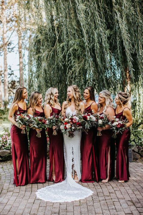 Deep Red And Ivory Wedding, Dark Wine Wedding Color Schemes, Wedding Bridesmaid Dresses Burgundy, October Wedding Burgundy, Wedding Bridesmaid Dresses Maroon, Wine Colored Bridesmaid Dresses Burgundy, Brown Burgandy Wedding, Wedding Dark Red Theme, Burgandy Western Wedding