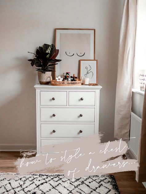 Styling Chest Of Drawers, Chest Of Drawers Top Decor, Decor For Top Of Chest Of Drawers, White Drawer Decor, Top Drawer Decor, Top Of Drawers Decor Bedroom, Top Of Drawers Decor, Tall Chest Of Drawers Bedroom Styling, Top Of Chest Of Drawers Decor