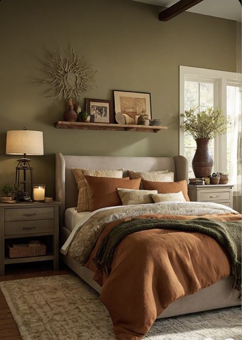 Sherwin Williams Earthy Charm, Cozy Room Paint Colors, Earthy Toned Bedroom, Earthy Decor Ideas, Earthy Tones Interior, Sherwin Williams Mega Greige, Greige Decor, Green Earthy Bedroom, Warm Bedroom Paint Colors