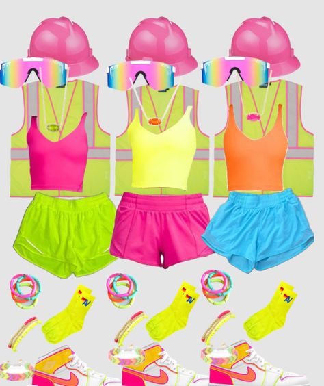 Cute Glow In The Dark Outfits, Neon Group Outfits, Neon Construction Worker Costume, Neon Outfits Aesthetic, Cute Neon Outfits, Neon Halloween Costume, Neon Party Outfits, Fun Halloween Outfits