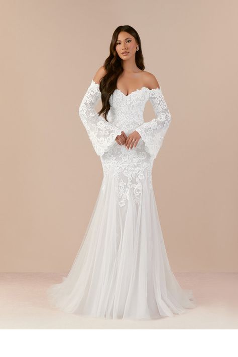 Say yes to Arlette, our boho lace and tulle mermaid wedding dress. She features gorgeous off-the-shoulder flare sleeves, a flattering sweetheart neckline, and tulle godets that trail behind you as you walk down the aisle. Mermaid Wedding Dress With Sleeves, Chapel Train Wedding Dress, Mermaid Sweetheart, Mermaid Fairy, Wedding Dress Lace, Wedding Dress Train, Dream Wedding Ideas Dresses, Sleeve Wedding Dress, Chapel Train