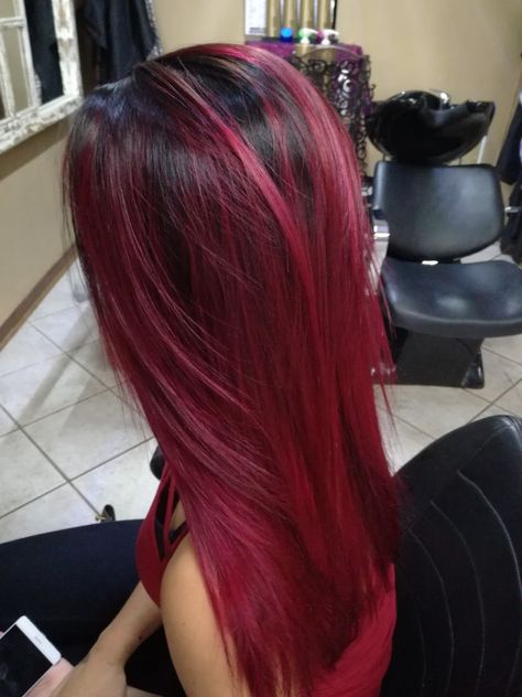 Ruby red hair black rootvstretch Red Hair Black Roots Ombre, Black Root Red Hair, Black Roots And Red Hair, Dark Red Hair With Black Roots, Black Roots Red Ends, Red Hair With Roots, Black And Cherry Red Hair, Cherry Red And Black Hair, Skunk Hair Red