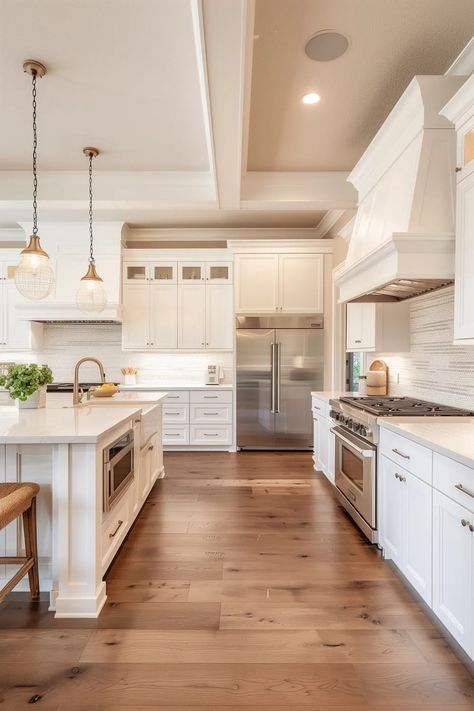 15 Popular Flooring Ideas For White Kitchen Cabinets (2024) White Kitchen Cabinets With White Oak Floors, White Kitchen And Flooring, Kitchen Wood Floor White Cabinets, White Kitchen With Walnut Floors, Light Floor White Cabinets, White Cabinets And Flooring, Medium Wood Floors Kitchen, Wood Floors With White Cabinets, Light Wood Floors With White Cabinets